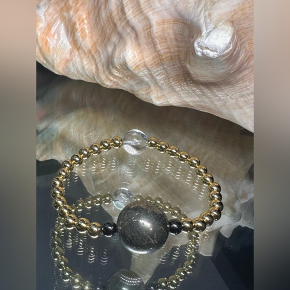 CLEAR  QUARTZ + GOLD-FILLED + PYRITE NATURAL STONES BRACELET size 7” - Picture 5 of 16